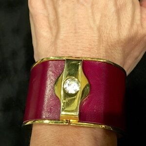 Vintage Burgundy Leather Gold Tone Cuff With Rhinestone Center